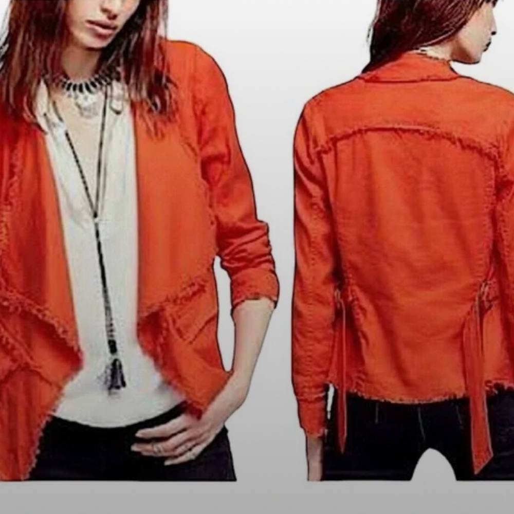 💗 FREE PEOPLE Casual Draped Open Front Linen Jacket Pockets Coral M